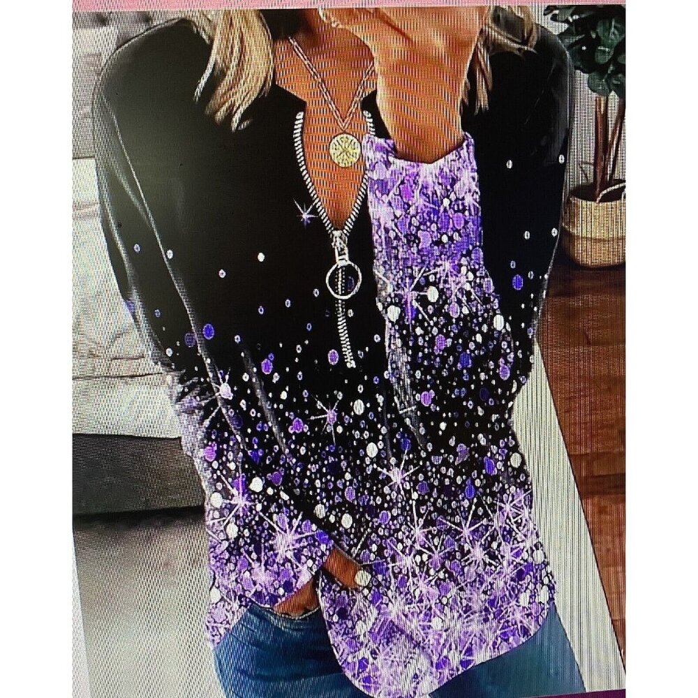 Womens Purple/Black Sequin Print Zip Front T-Shirt Casual Long Sleeve Top Blouse